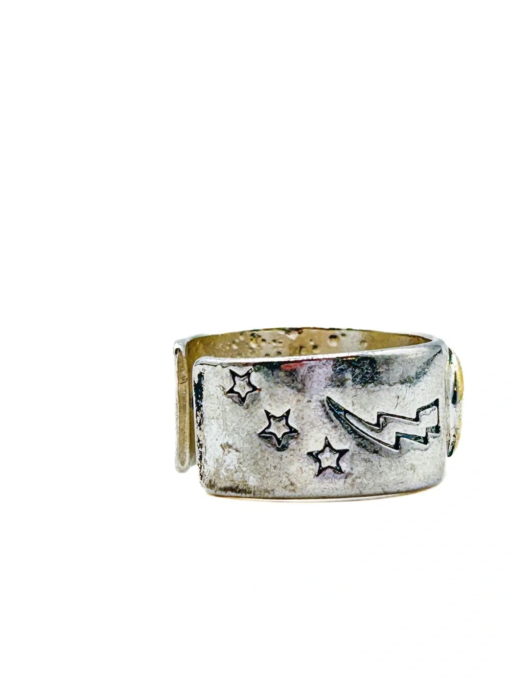 S925 Sterling Silver Smiley Face Adjustable Ring | Lightning Bolt Star Wide Band